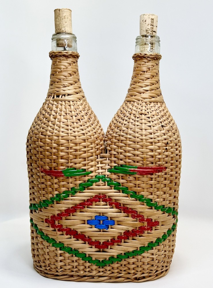 VTG Demijohn Style Handmade Woven Wicker Double Wine Wrap/Holder Bottles Empty