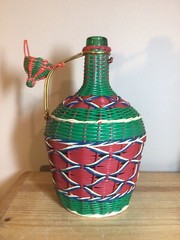 Vintage Viresa Spain Wine Bottle Plastic Woven Wicker Metal Handle Empty Boho