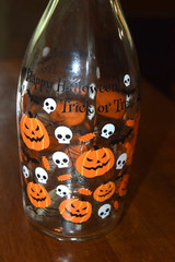 Halloween Decoration Empty Glass Wine Bottle Bats Skulls Jack O Lanterns