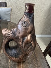 KINDZMARAULI GEORGIAN CERAMIC CLAY FISH SHAPED EMPTY RED WINE BOTTLE BRONZE
