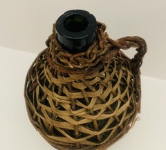 Rustic Wicker Wrapped Green Glass Bottle with a Handle VTG