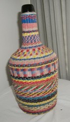 Vintage COLORFUL Plastic Wicker Wrapped Glass Bottle Handled Decanter