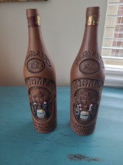 2 Kindzmarauli Georgian Ceramic Clay Pottery Red Wine Bottle Empty 3-D Design
