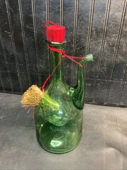 Vtg Princes House Blown Green Glass Wine Bottle Decantor Ice Pocket Chiller MIB