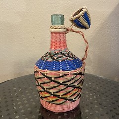 Vintage Viresa Glass Wine Decanter with Plastic Woven Cover Wood Bottom 10&Prime; Tall
