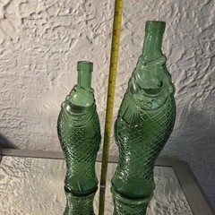 2 Vintage Decanter Fish Shaped Glass 13&Prime; & 10” Green Italian Wine Bottle 70s