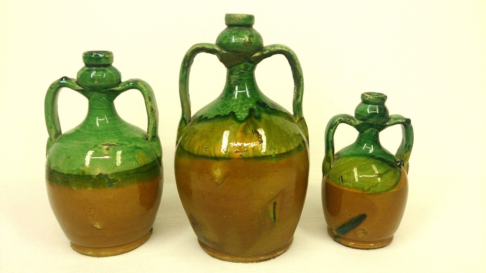 AMAZING SET 3 ITALIAN MID CENTURY HANDMADE HANDPAINTED TERRACOTTA OIL BOTTLES