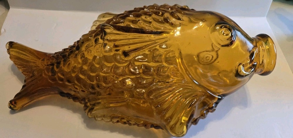 Lg Vintage Amber Glass Italian Fish Wine Decanter Bottle 15&Prime;
