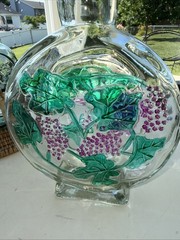 Set Of 3 Glass Embossed Grape Motif WINE Bottles With Basket Corks 7.75” To 9.5”