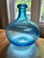 Demijohn Studio Blown Glass bottle Crackled Bottom Blue LARGE 12” tall
