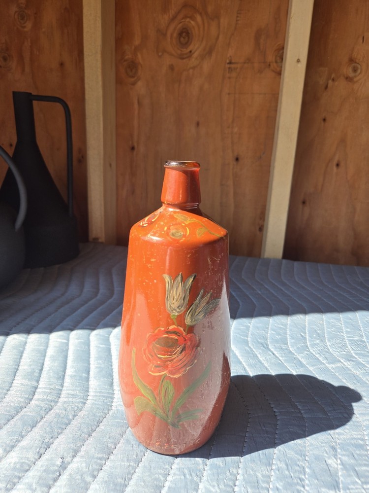 VTG 1980 JM Da Fonseca Azeitao Portugal Rust Brown Painted Glass 9&Prime; Floral