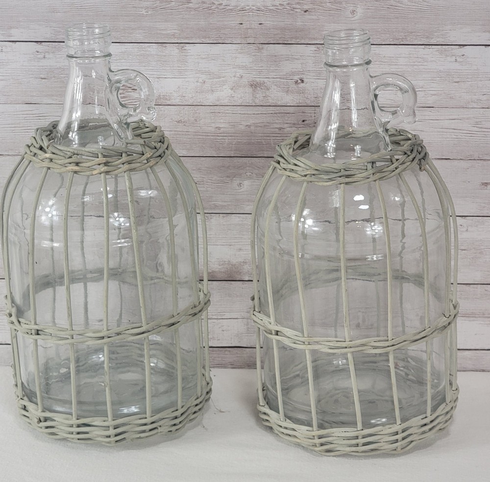 Vtg Pair 1 Gallon Glass Jugs Wicker Basket Wrap Demijohn Bottles Boho Farmhouse