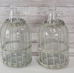 Vtg Pair 1 Gallon Glass Jugs Wicker Basket Wrap Demijohn Bottles Boho Farmhouse