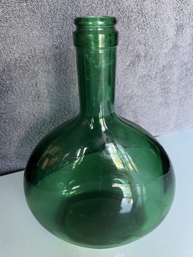Emerald Green Glass Oval Bottle 8” Tall Marked On Bottom Vintage