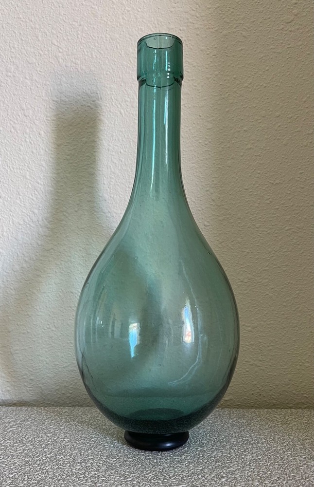Antique Hand Blown Wine Bottle Torpedo Round Bottom Green Glass BONUS: Holder