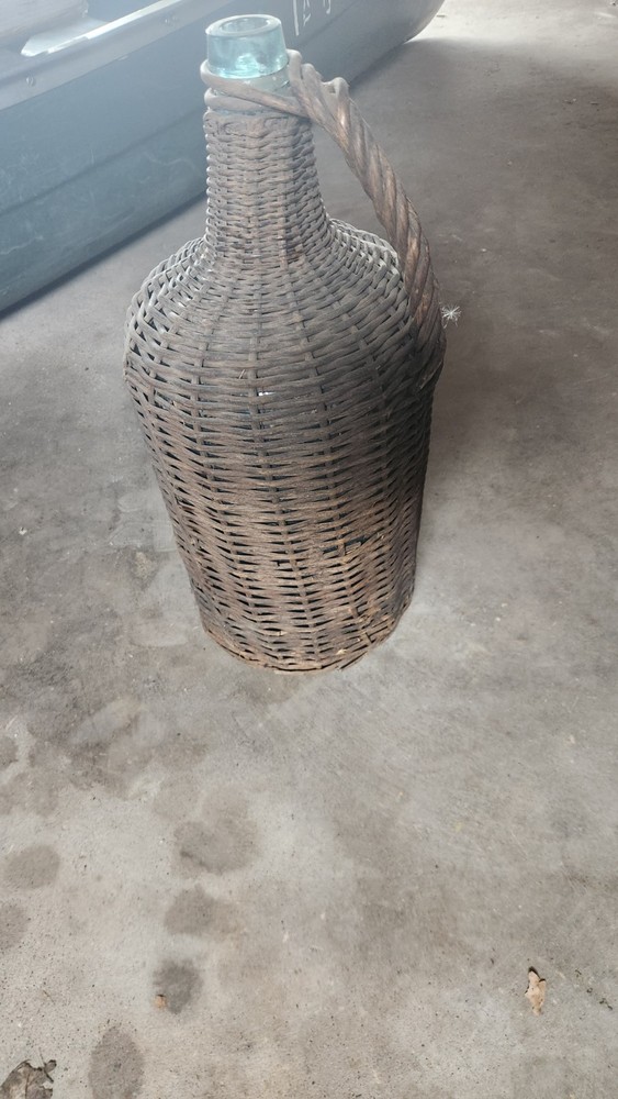 Antique Wicker Wrapped Aqua Glass Demijohn Wine Bottle 15” Tall French Farmhouse