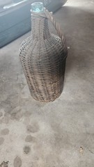 Antique Wicker Wrapped Aqua Glass Demijohn Wine Bottle 15” Tall French Farmhouse