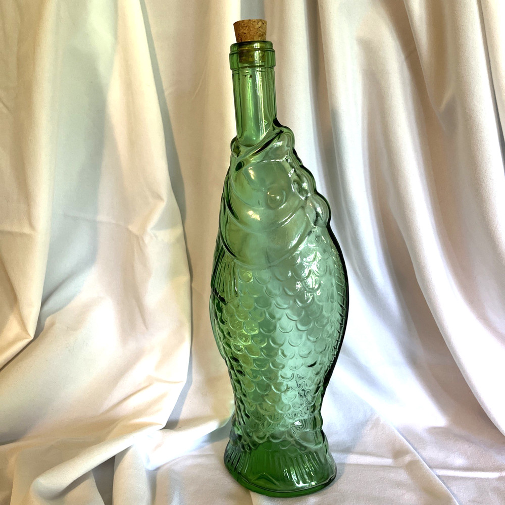 1960-70s Vintage Green Glass Italian Fish Shaped Wine Bottle Decanter w/Cork 13&Prime;