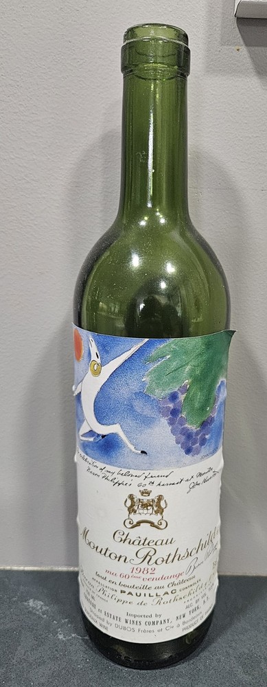 1982 Chateau Mouton Rothschild Pauillac Empty Wine Bottle-John Huston Label Rare