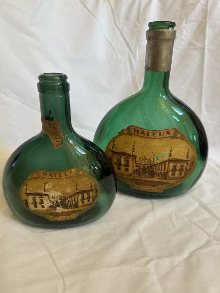 Vintage Mateus Rosé Portugal Green Glass Wine Bottles Set 2 Labels Display