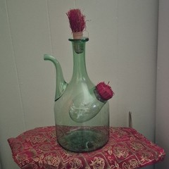 Vintage Italian Demijohn Green Glass Wine Decanter with Plugs and Ice Chamber
