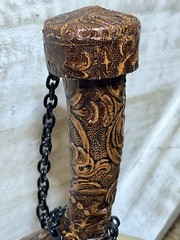 VTG Spanish Wine Decanter Tooled Leather Glass W/ Chain & Cork 10×9 MCM 1970s