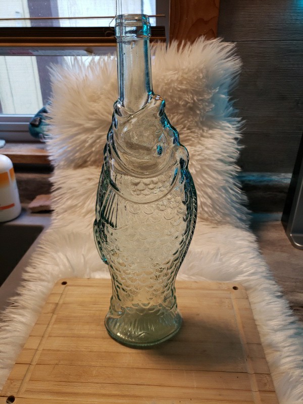VTG Italian Fish Shaped Wine Bottle Aqua Glass Beach Nautical 13&Prime; . MINT