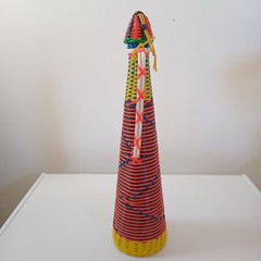 Vintage 60s MCM Viresa Spain Scoubidou Plastic Wicker Wrapped Wine Bottle Boho