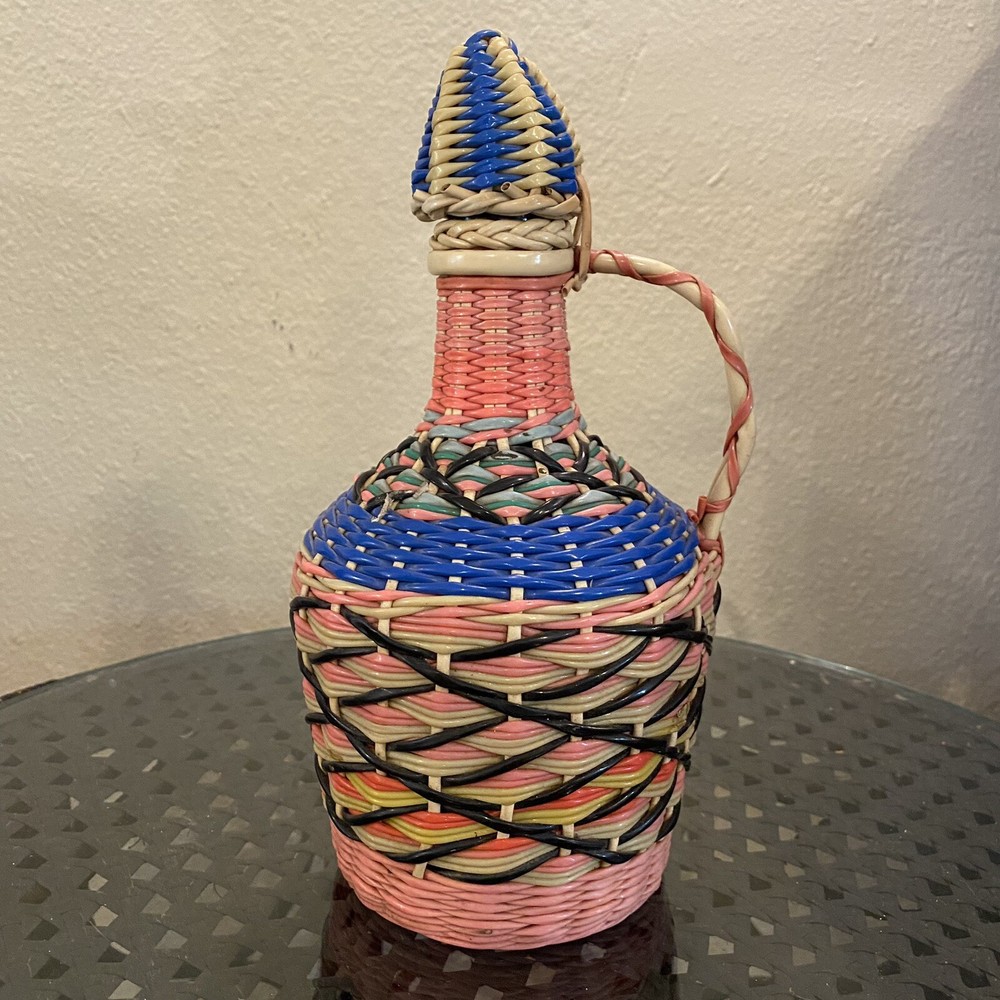 Vintage Viresa Glass Wine Decanter with Plastic Woven Cover Wood Bottom 10&Prime; Tall
