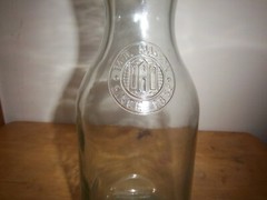 Clear-blue/green Glass Wine Carafe 10&Prime; Vtg Paul Masson Since 1852, bldg on front