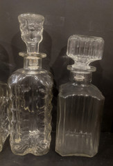 5 Old MCM 1960s Square Clear Glass Bar Liquor Bottles Bourbon Tag