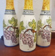 3 DECORATIVE Wine Bottles Hand Painted CHAMPAGNE REIMS PORTUGAL Bordeaux FRANCE