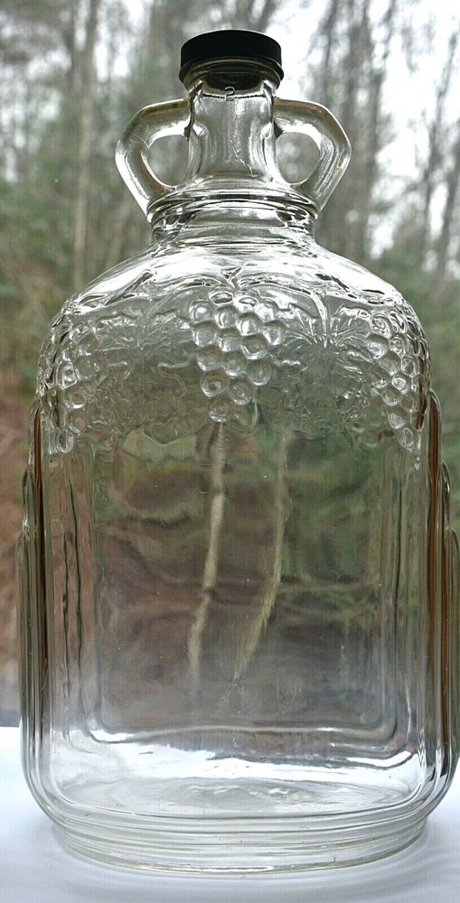 Antique Glass Wine Jug Grape Embossed One Gallon Art Deco Ball Glass Maker w Cap