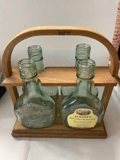 4 Vintage Small Almaden Pony Green Glass Wine Bottles 187 ML w Wood Carrier