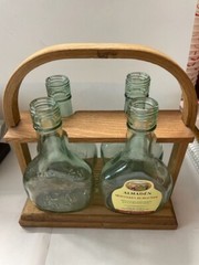 4 Vintage Small Almaden Pony Green Glass Wine Bottles 187 ML w Wood Carrier