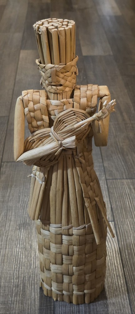Vintage Wine Bottle Cover Wicker 18” Tiki Statue Playing Instrument
