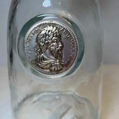 Vtg Wine Clear Glass Carafe Decanter Raised Faux Antique Gold Finish Medall Rare