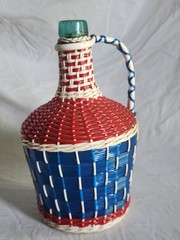 Vintage Viresa Demijohn Wine Bottle Scoubidou Woven Plastic Wicker Jug 1L 1960s