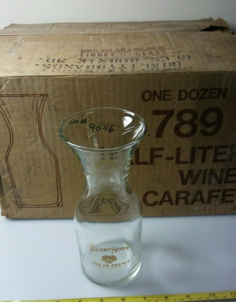 Vintage BEAUVIGNOT VINS DE FRANCE Glass Wine Carafe Vineyard Case OF 12 In Box