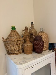 VTG Wicker Rattan Wrapped Large Green Glass Wine Bottles With Handle
