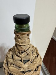VTG Wicker Rattan Wrapped Large Green Glass Wine Bottles With Handle