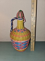 Vintage Mid Century Viresa Green Glass Bottle Woven With Rattan