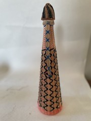 Vintage Viresa Plastic Wicker Wrapped Wine Bottle Boho Chic Spain colorful 15&Prime; H