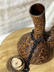 VTG Spanish Wine Decanter Tooled Leather Glass W/ Chain & Cork 10×9 MCM 1970s