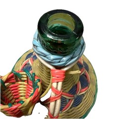 Vintage Green Viresa Glass Bottle Wrapped In Colorful Plastic Wicker 9.5” Tall