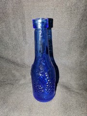 Vintage AM Blue Glass Wine Bottle 5&Prime; Tall Embossed Grapes