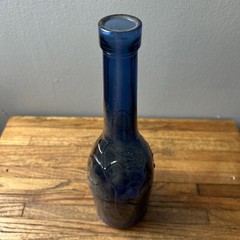 VTG Cobalt Blue European Wine Bottle With Embossed Grapes And Leaves 12” X 3.25”