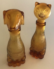 Empoli Figural Cat Dog Amber Glass Carafe Decanter Genie Bottle Pair MCM 1960s