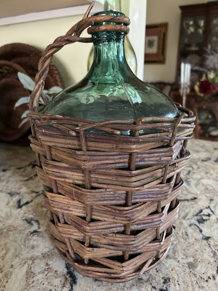Antique Wicker Wrapped One Gal. Green/Rum Demijohn Glass Jug
