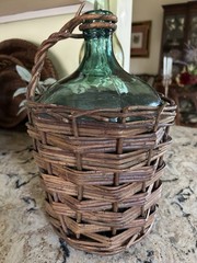 Antique Wicker Wrapped One Gal. Green/Rum Demijohn Glass Jug